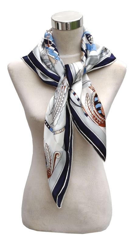 Foulard Shawl Silk Satin 90X90 Maritime Blue White